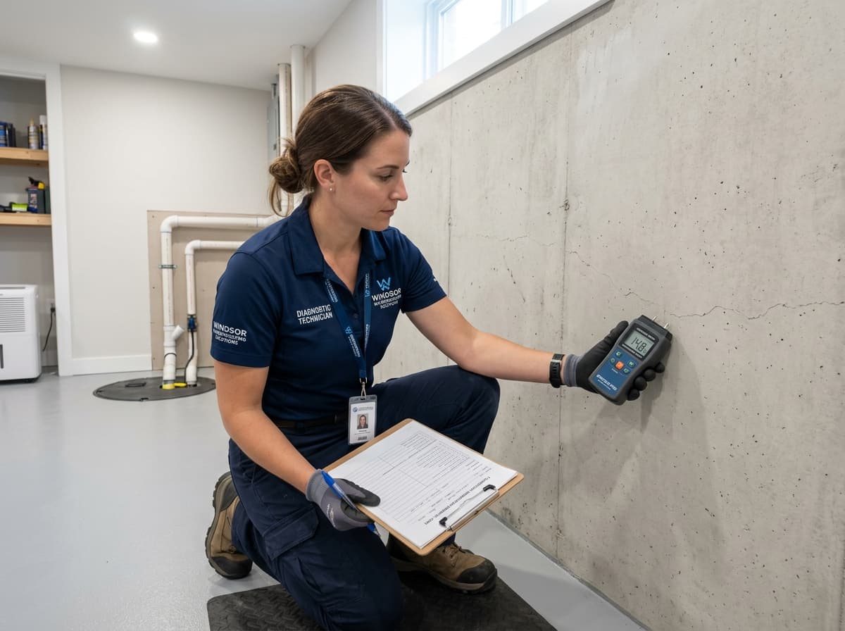 Rose City Waterproofing certified technician performing on-site moisture diagnostic