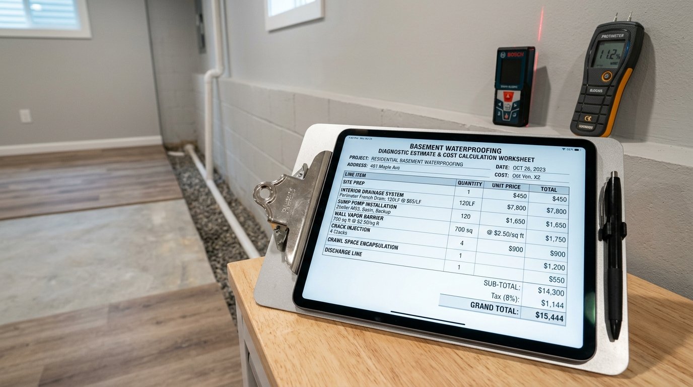 Waterproofing diagnostic cost estimate worksheet and moisture meter