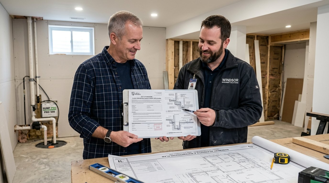 Homeowner and licensed contractor reviewing Windsor flood protection subsidy grant application