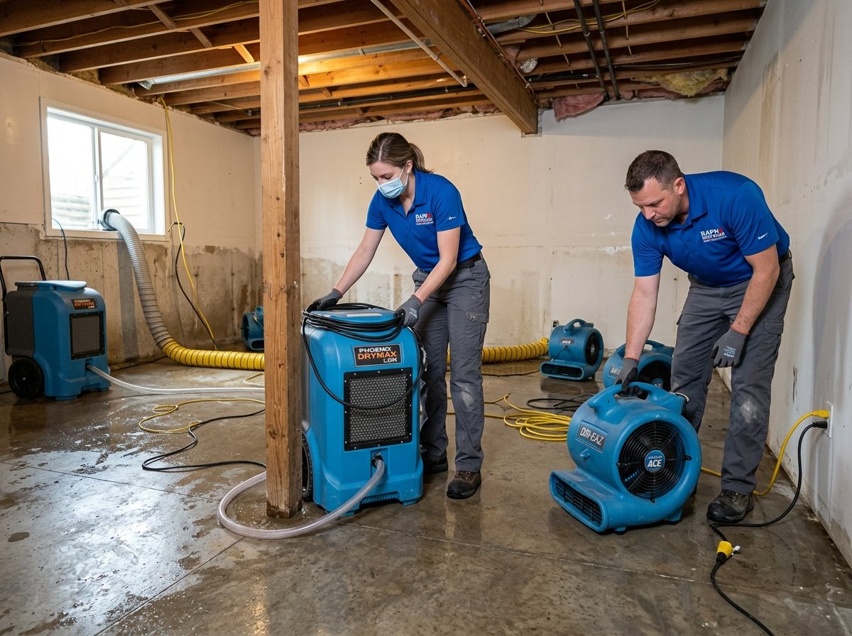 Emergency water extraction and flood response equipment in flooded basement