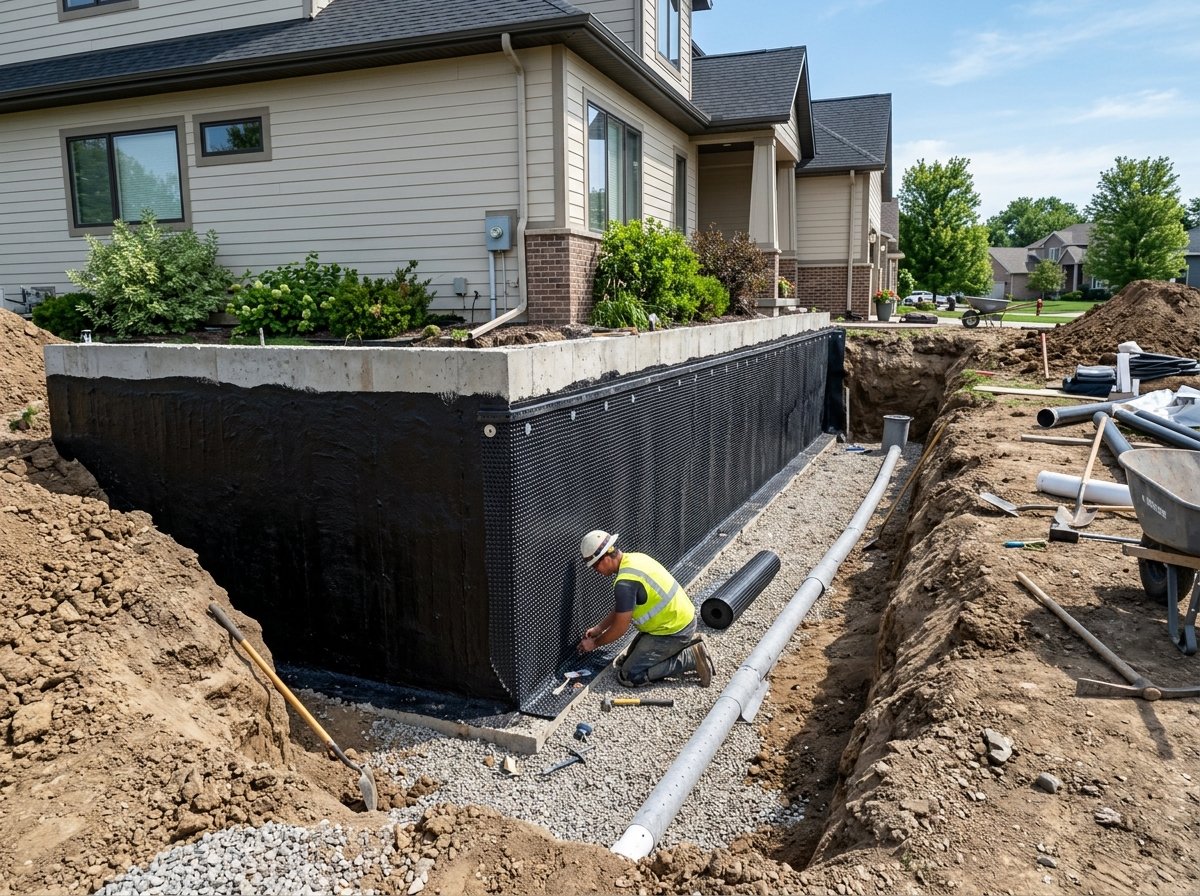 Exterior basement foundation excavation and waterproofing membrane