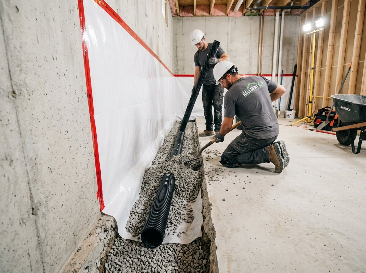 Interior basement waterproofing drainage system installation