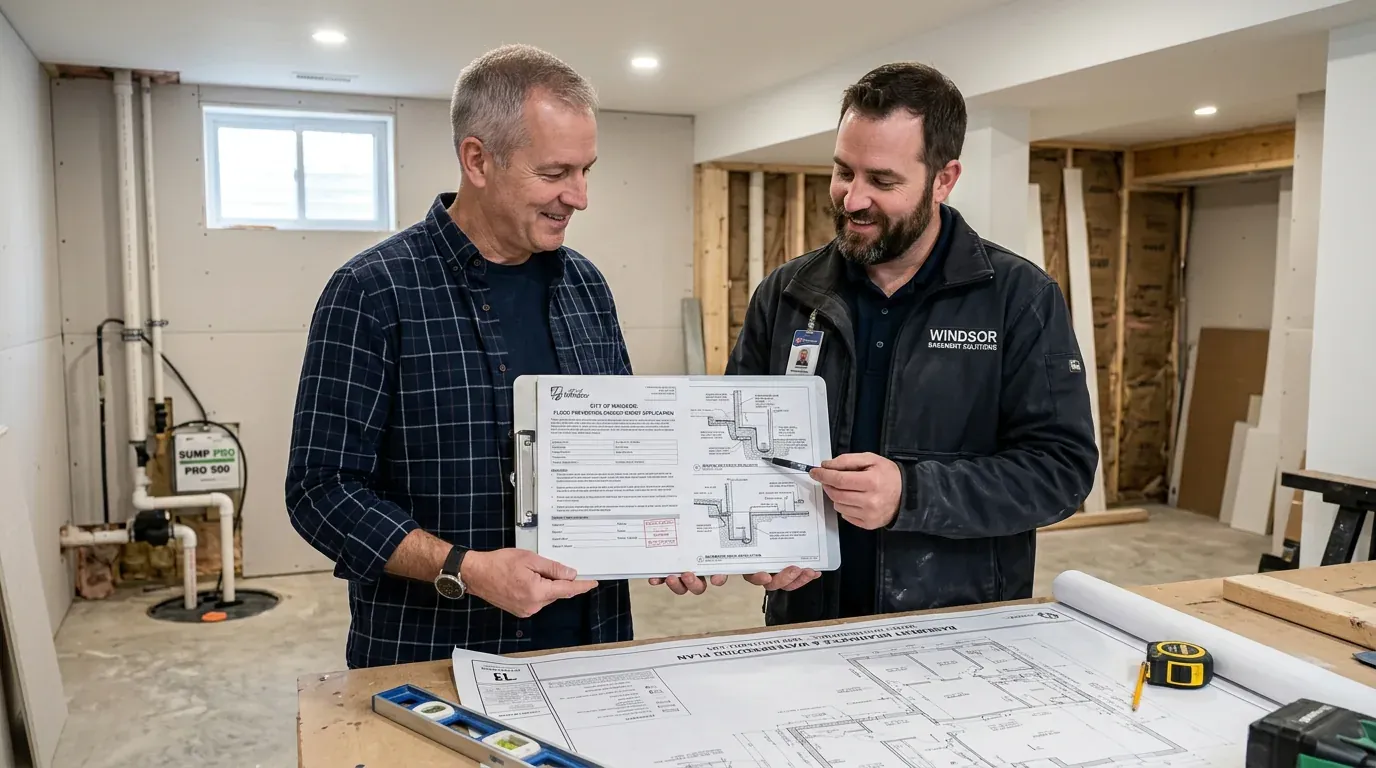 Homeowner and licensed contractor reviewing Windsor flood protection subsidy grant application