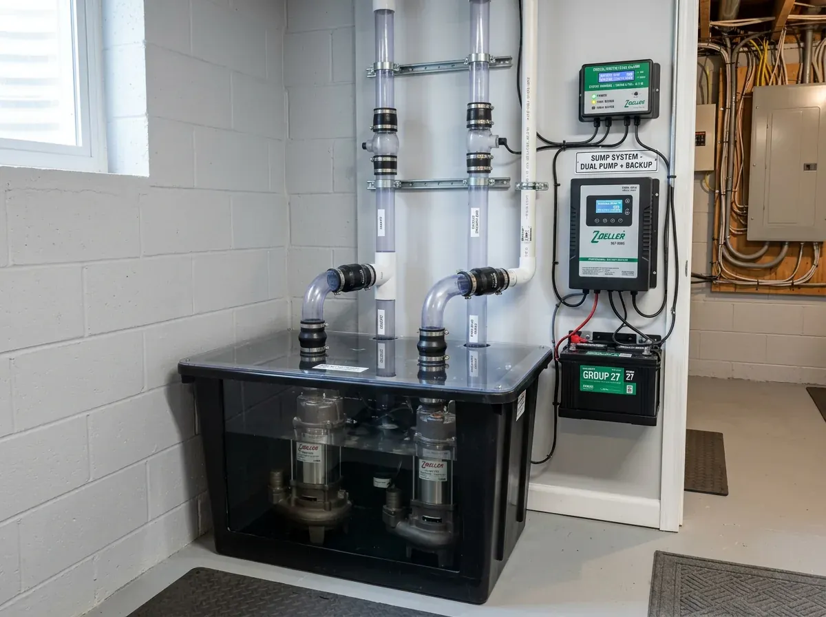 Submersible sump pump and check valve installation in basement basin